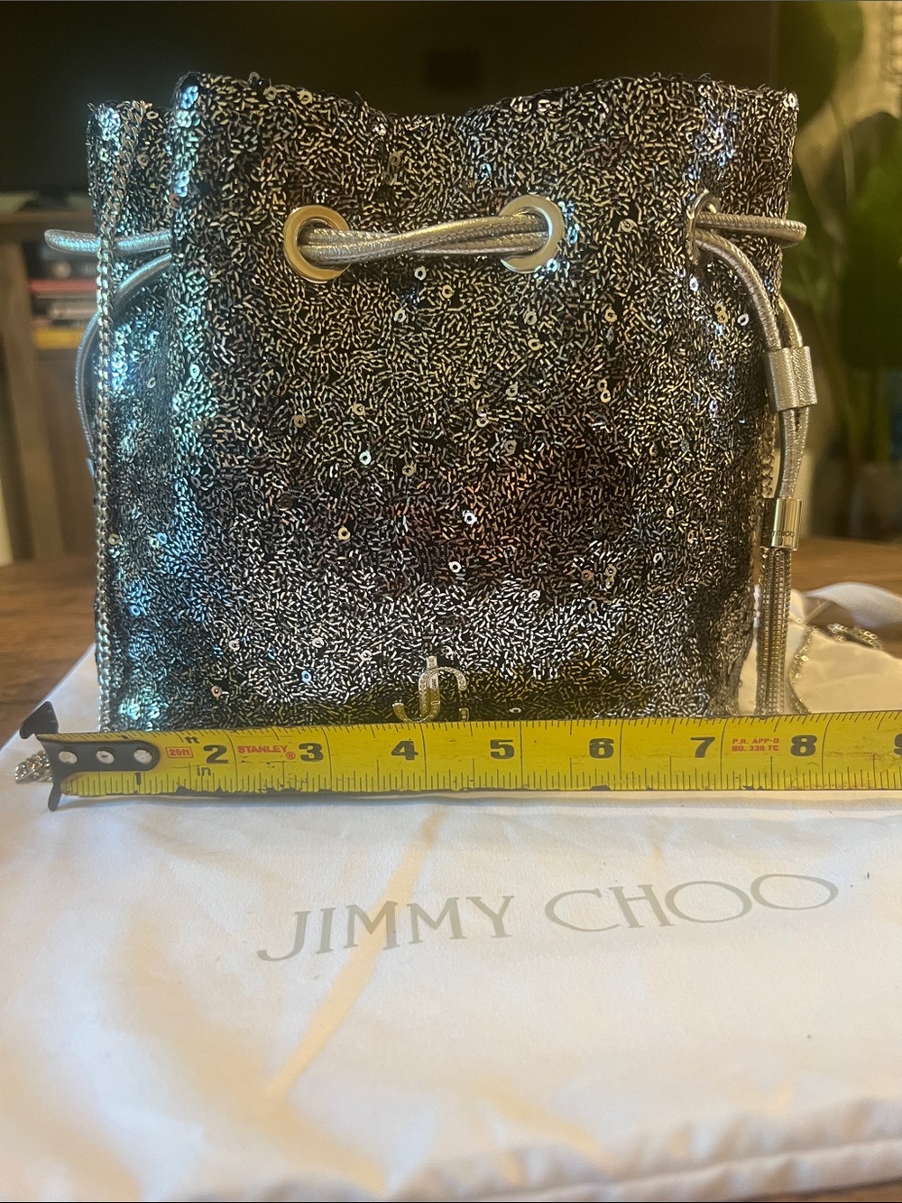 Jimmy Choo Silver/Graphite Sequin Drawstring Mini Bucket Bag - Picture 11 of 13